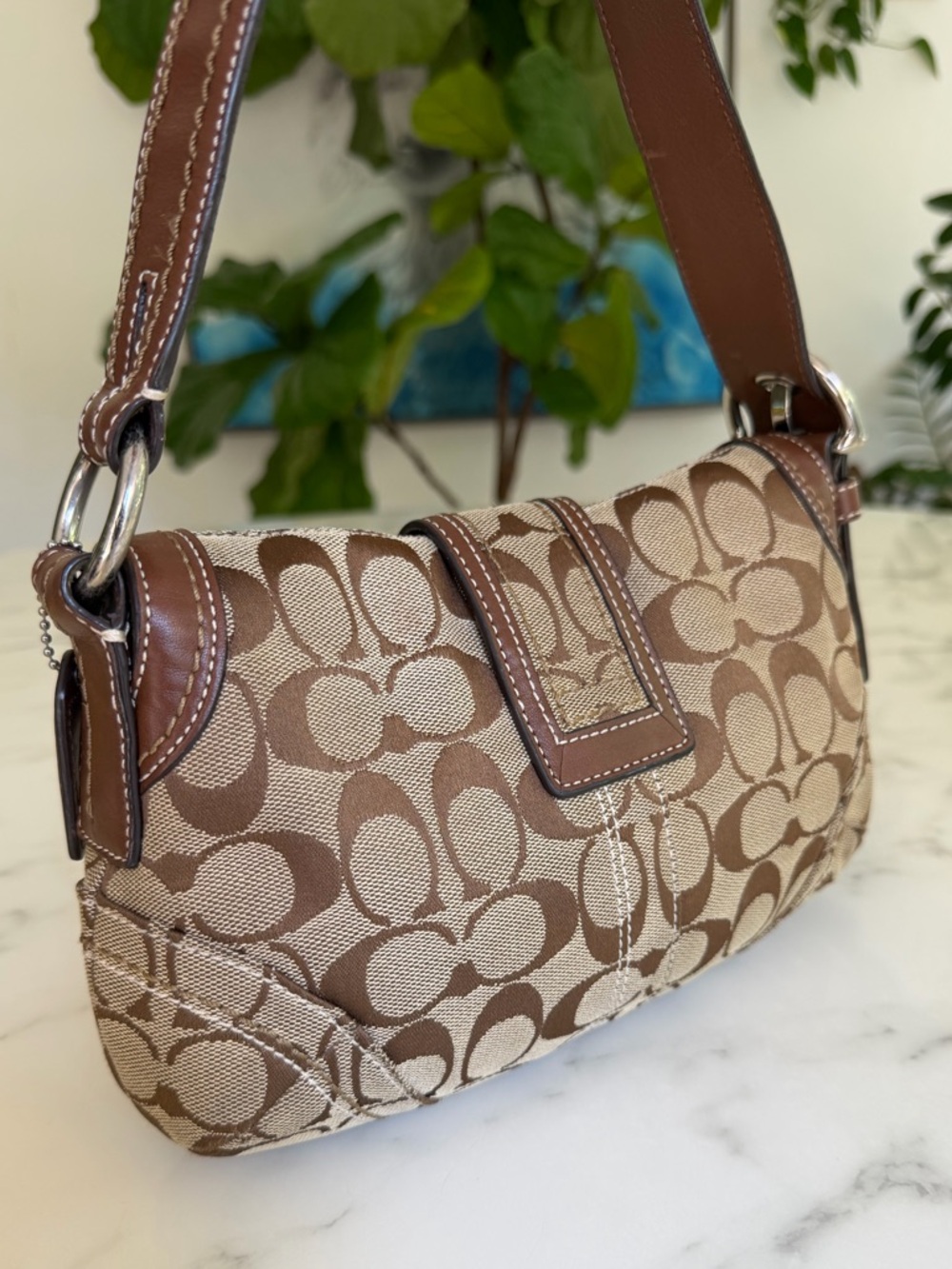 COACH Vintage Y2K Soho Signature Small Flap Buckle Shoulder Bag 10296 Brown Tan - Picture 4 of 16